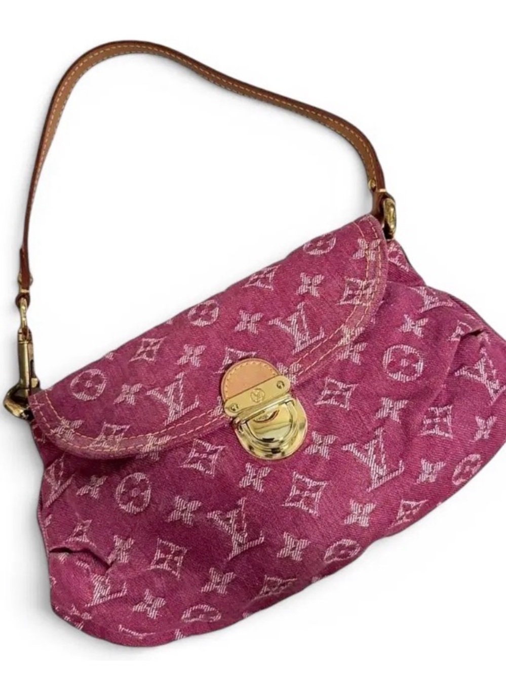 Source Unknown Rose-Pink Monogram Denim Shoulder Bag with Gold Hardware